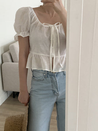 sweet lace bubble short sleeved linen top