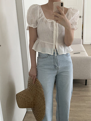 sweet lace bubble short sleeved linen top