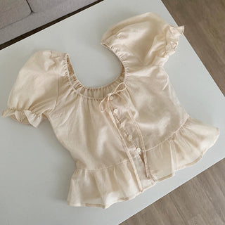 sweet lace bubble short sleeved linen top