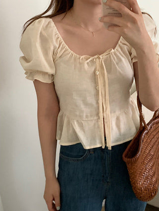 sweet lace bubble short sleeved linen top