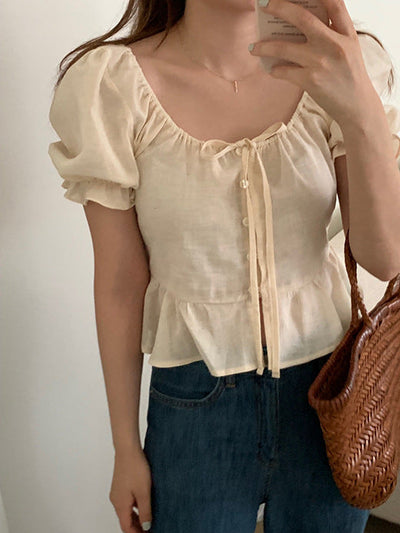 sweet lace bubble short sleeved linen top