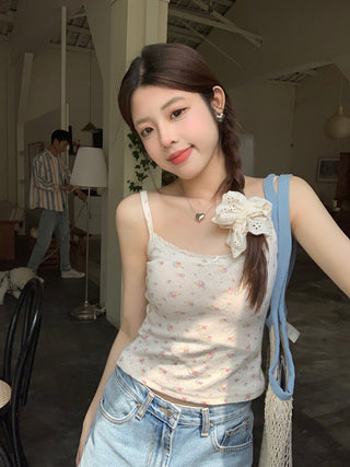sweet lace stitching bow short  top