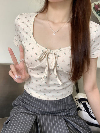 U collar strap short sleeved top