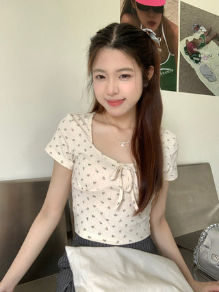 U collar strap short sleeved top