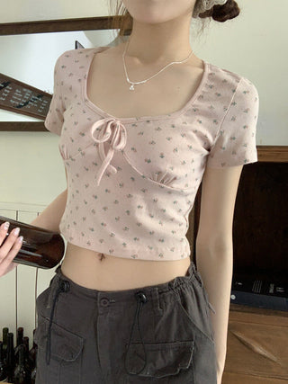 U collar strap short sleeved top