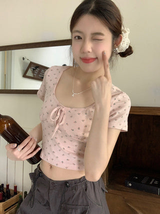 U collar strap short sleeved top