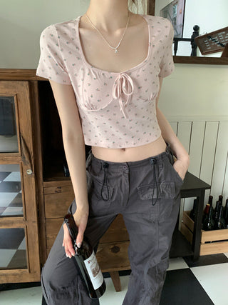 U collar strap short sleeved top