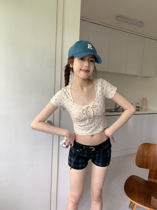 U collar strap short sleeved top