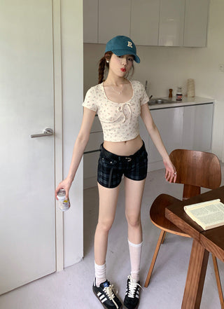 U collar strap short sleeved top