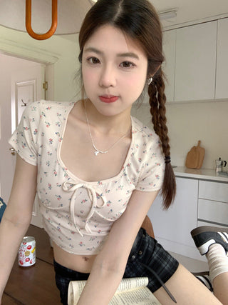 U collar strap short sleeved top