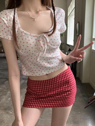 U collar strap short sleeved top