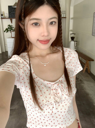 U collar strap short sleeved top