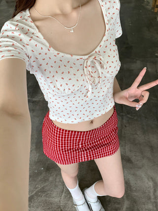 U collar strap short sleeved top