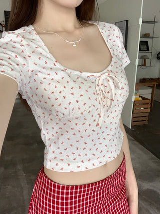 U collar strap short sleeved top