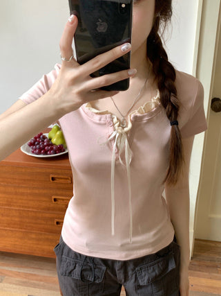 Fake two piece short sleeved floral top