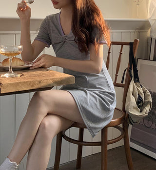 Korea Chic knot folds V neck  dress