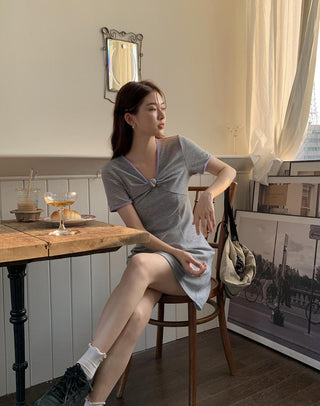 Korea Chic knot folds V neck  dress