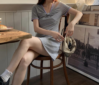Korea Chic knot folds V neck  dress
