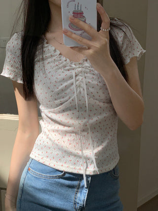 Short-Sleeve V-Neck Floral Lace Panel Tee
