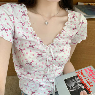 Short-Sleeve V-Neck Floral Lace Panel Tee