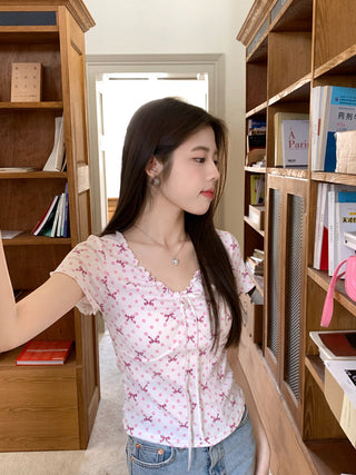 Short-Sleeve V-Neck Floral Lace Panel Tee