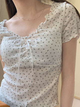 Short-Sleeve V-Neck Floral Lace Panel Tee
