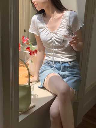 Short-Sleeve V-Neck Floral Lace Panel Tee