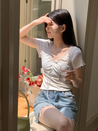 Short-Sleeve V-Neck Floral Lace Panel Tee