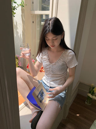 Short-Sleeve V-Neck Floral Lace Panel Tee