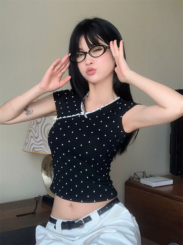 French girl V neck lace wave dot Top