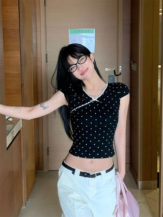 French girl V neck lace wave dot Top