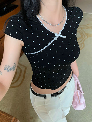 French girl V neck lace wave dot Top