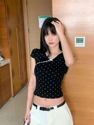 French girl V neck lace wave dot Top