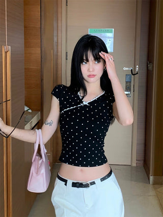 French girl V neck lace wave dot Top