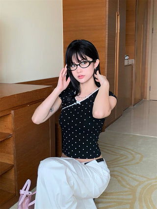 French girl V neck lace wave dot Top