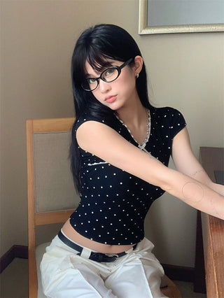 French girl V neck lace wave dot Top