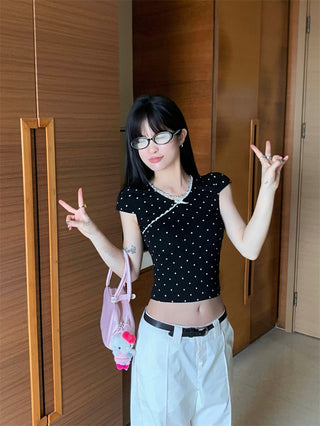 French girl V neck lace wave dot Top