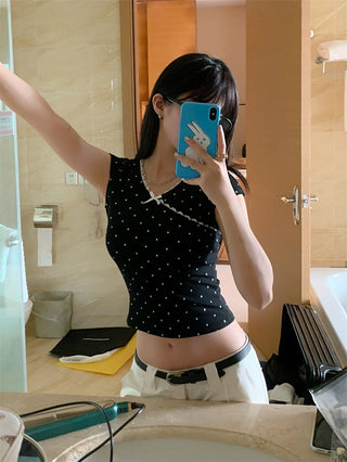 French girl V neck lace wave dot Top