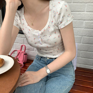 Floral Scoop Neck Button Top