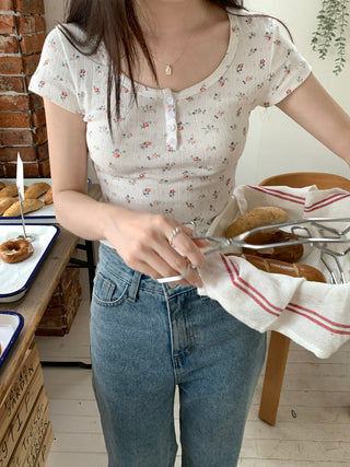 Floral Scoop Neck Button Top
