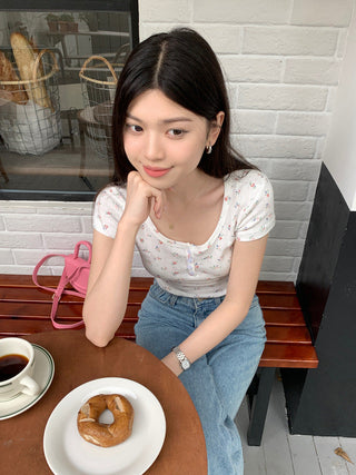 Floral Scoop Neck Button Top