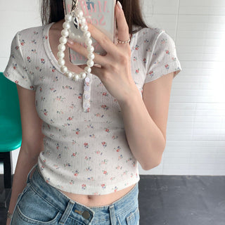 Floral Scoop Neck Button Top