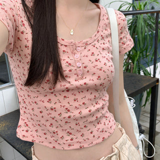 Floral Scoop Neck Button Top