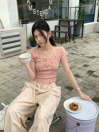 Floral Scoop Neck Button Top