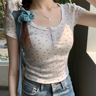 Floral Scoop Neck Button Top