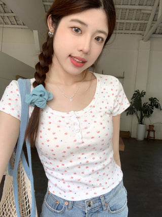 Floral Scoop Neck Button Top