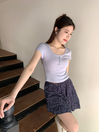 Floral Scoop Neck Button Top