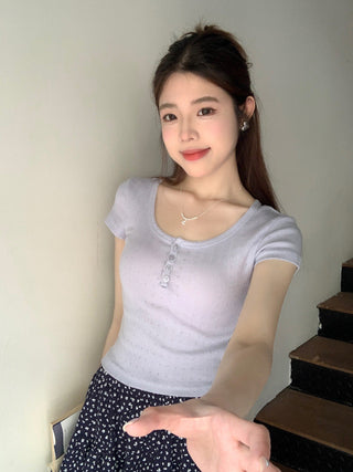 Floral Scoop Neck Button Top