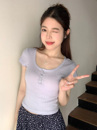 Floral Scoop Neck Button Top