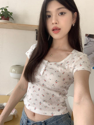 Floral Scoop Neck Button Top